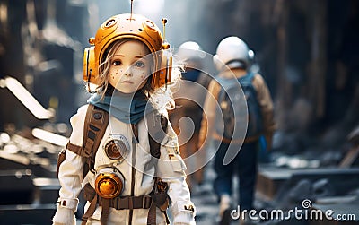Robot cyber child and kid suit on the streets of a futuristic city. Artificial intelligence rules humanity Stock Photo