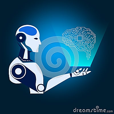 Robot cybernetic holds smartphone show virtual reality electronic circuit brain. AI artificial intelligence future technology Vector Illustration