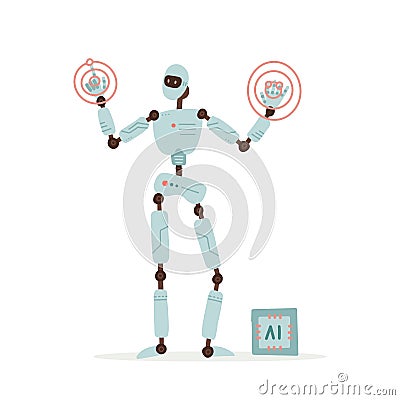 Robot cybernetic organism works with a virtual HUD interface in augmented reality. Humanoid robot presses the button on Vector Illustration