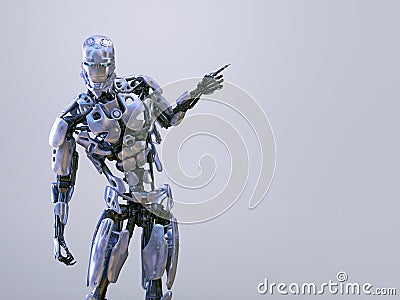 Robot cyborg android man finger pointing, on studio background. 3D illustration Cartoon Illustration