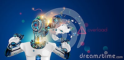 Robot or cyborg with artificial intelligence failures overloaded and broken down. AI not coped with the task. Artificial brain Vector Illustration