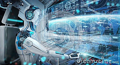 Robot cyborg in a control room flying a white modern spaceship with window view on space and digital graph 3D rendering Stock Photo