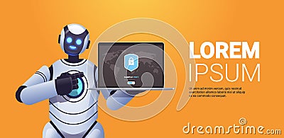robot cyborg holding laptop with protection shield cyber security data protection artificial intelligence technology Vector Illustration