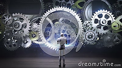 Robot, cyborg stoi dużych przekładni koła, złączeni przekładni koła sztuczna inteligencja, informatyka Robot, cyborg stoi dużych przekładni koła, złączeni przekładni koła sztuczna inteligencja, informatyka