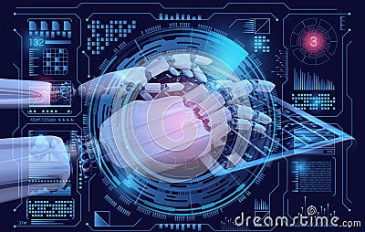 Robot cyborg typing on keyboard. Sci fi Hologram control panel dashboard in HUD style. Futuristic background. 3d realistic Cartoon Illustration