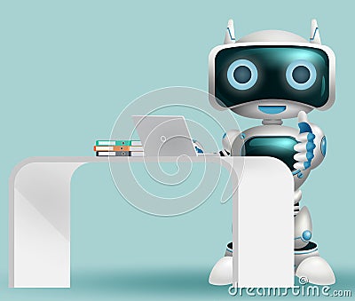 Robot 3d information character vector background design. Robotic help desk character happy standing for modern cyborg technology. Vector Illustration