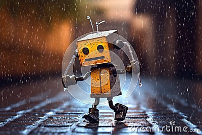 Robot dancing in the rain, concept of Artificial intelligence Stock Photo