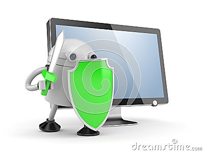 Robot defends the desktop computer. Robot with red shield and sw Cartoon Illustration