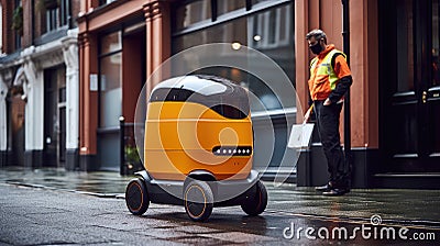 A robot delivering food rides down the street, showcasing the Stock Photo