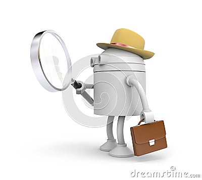 Robot detective. Robot holding and looks through magnify glass Cartoon Illustration