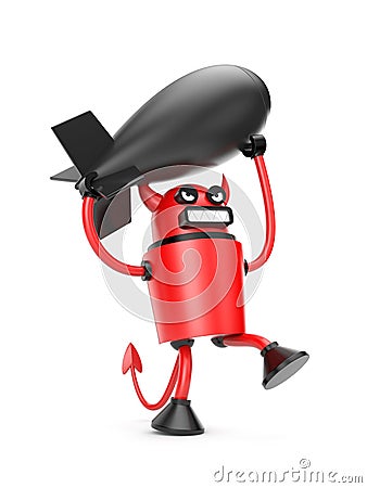 Robot DEVIL ready to drop bomb. From the life of robots Cartoon Illustration