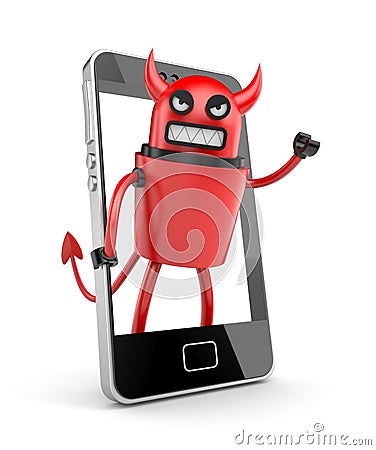 Robot devil with smartphone Stock Photo