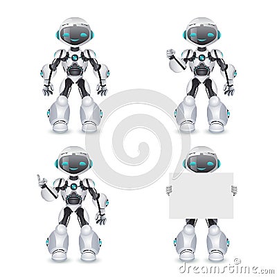 Robot different poses innovation technology science fiction future cute little characters set design vector illustration Vector Illustration