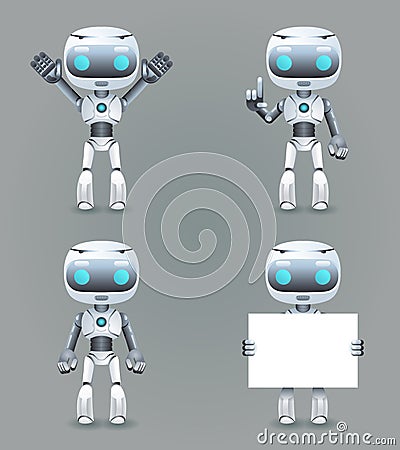 Robot different poses innovation technology science fiction future cute little 3d Icons set design vector illustration Vector Illustration