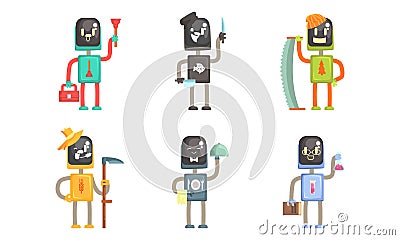 Robot of Different Professions Set, Plumber, Farmer, Cook, Lumberjack, Waiter, Scientist Cartoon Vector Illustration Vector Illustration