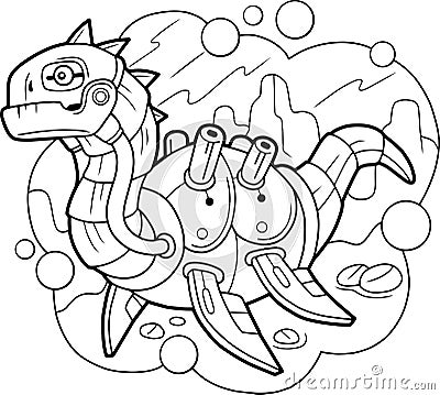 Robot dinosaur plesiosaur, coloring book, outline illustration Vector Illustration