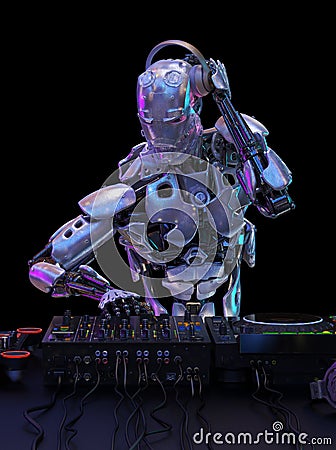 Robot disc jockey at the dj mixer and turntable plays nightclub during party. Entertainment, party concept. 3D illustration Cartoon Illustration