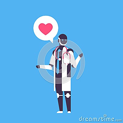 Robot doctor bot helper personal assistant chat bubble medical online consultation robotic character artificial Vector Illustration