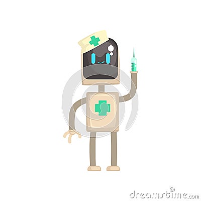 Robot doctor character, android with syringe in its hands cartoon vector illustration Vector Illustration