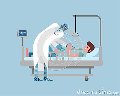 Robot doctor and patient. Doctor cyborg treats the patient. Medical technologies of the future Vector Illustration