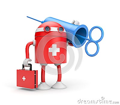 Robot doctor with syringe (retro style) Cartoon Illustration