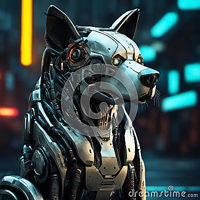 he robot dog is a mechanical machine. Animal consists of metal parts and electronics. Stock Photo