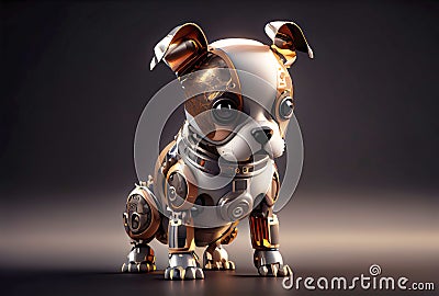 Robot dog with metallic body on the minimal background. Pet toy technology and Kids accessories concept. Generative AI Stock Photo