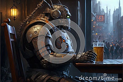 Robot drinking a beer in a bar illustration generative ai Cartoon Illustration