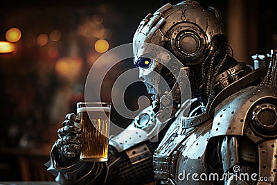 Robot drinks beer in bar like a human. Tired humanoid robot sitting at pub table with glass of beer. Created with Stock Photo