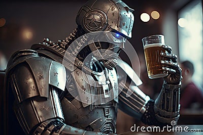 Robot drinks beer in bar like a human. Tired humanoid robot sitting at pub table with glass of beer. Created with Stock Photo