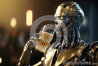 Robot drinks beer in bar like a human. Tired humanoid robot sitting at pub table with glass of beer. Created with Stock Photo