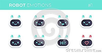 Robot emotions set. Cute robots head avatar. Chat bot with different faces. Simple modern icon design. Cartoon character isolated Vector Illustration