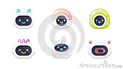 Robot emotions set. Cute robots head avatar. Chat bot with different faces. Simple modern icon design. Cartoon character isolated Vector Illustration