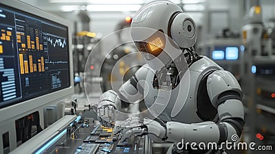 Robot engineer calibrating systems in a tech-filled lab Stock Photo