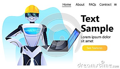 robot engineer in helmet using laptop modern robotic character artificial intelligence concept Vector Illustration