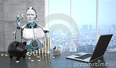 Robot Euro Coins Piggy Bank Notebook Stock Photo