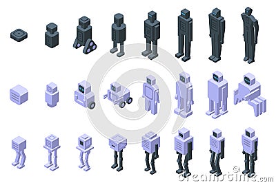 Robot evolution icons isometric set vector. A series of robot figures in various stages of development Vector Illustration