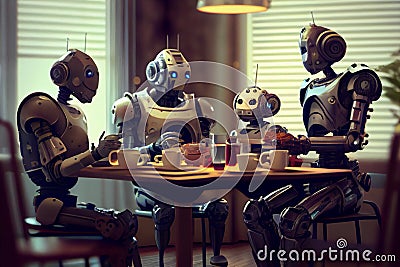 robot family having dinner at home. Futuristic humanoid robotic family lunch time. Cartoon Illustration