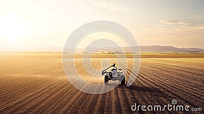 A robot farmer repairing a broken irrigation system in a large field, using integrated tools to fix the issue quickly. The sun is Stock Photo