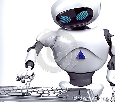 Robot female work on notebook,computer,3d ,render Stock Photo