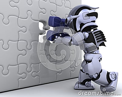 Robot with the final piece of the puzzle Stock Photo