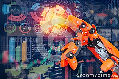 Robot finger touch mix media panel display business data infographic for futuristic cyber Stock Photo