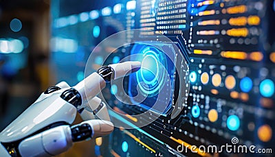 The robot finger touches the display. Generated with AI Stock Photo