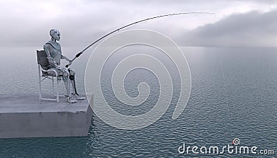 The robot is fishing with a fishing rod at sea. Future concept with robotics and artificial intelligence. 3D rendering Stock Photo