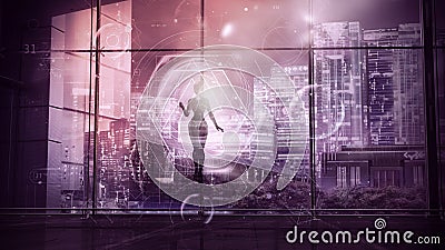 A robot floating in the air is working with data, 3D render. Stock Photo