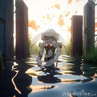 Robot floating on the water at sunset. Stock Photo