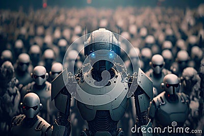 Robot in front of a crowd of robots. Robotic army of the future concept. Created with Generative AI technology Stock Photo