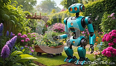 Robot Gardening in Flowerbeds Stock Photo