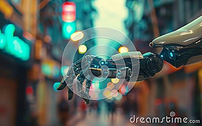 Robot gives a hand in the street. AI centered world concept. Neural networks, deep learning, tech savvy, augmented reality, Stock Photo