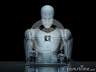 Robot with glass laptop Stock Photo